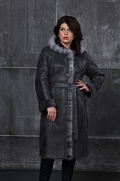 Женская дубленка длинная с капюшоном  748 серая  фото